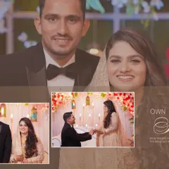 This album layout captures the story of the reception, blending a large, happy portrait with smaller, candid moments from the event.