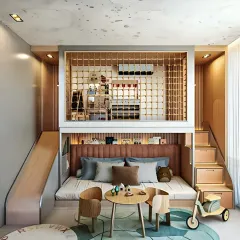 We believe kids' rooms should be fun and functional. This custom-designed room features a playful loft bed with a slide, integrated storage in the stairs, and a cozy play area underneath, maximizing floor space while sparking imagination.