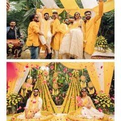 From fun-filled moments with friends to the beautiful floral decor, I capture every detail of your wedding celebration. This collage shows the energy of a Haldi ceremony and the vibrant setting.