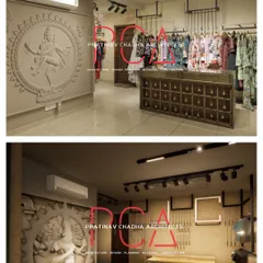 Render versus reality for the Nataraja mural wall in the fashion studio. The final result faithfully captures the lighting, texture, and powerful presence envisioned in the initial 3D visualization.