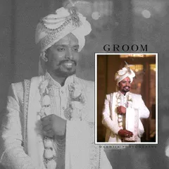 A handsome portrait of the groom, blending a black and white background with a color inset. This modern editing style makes the groom's portrait pop.
