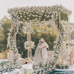 An all-white floral mandap creates an ethereal and heavenly atmosphere. I used masses of white flowers and hanging glass birds to build this structure, offering a serene and elegant space for the wedding ceremony.