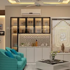 A crockery unit designed next to a stunning pooja unit. The mandir features a backlit "Om" on a marble-finish panel, creating a divine glow.