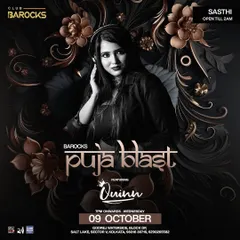 An elegant poster for a "Puja Blast" event during Durga Puja at Club Barocks, Kolkata. I curate special sets for traditional festivals.