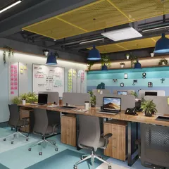 A key feature in the Lepton office is this collaborative zone, complete with a large whiteboard for brainstorming sessions. The space is filled with natural elements like indoor plants to boost well-being and productivity.