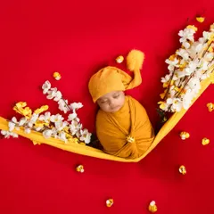 A striking composition of a newborn in a yellow wrap and hat, nestled in a yellow sling against a bold red background and adorned with white flowers.