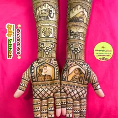 Another masterpiece of bridal portrait mehndi, showcasing different scenes from a wedding ceremony on each arm.