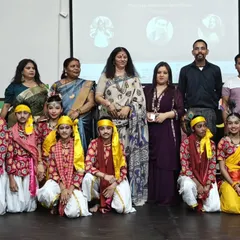 A group photograph with the talented participants and organizers at the GLT Saraswati School competition. Our experience in judging helps us prepare our students for competitive events.
