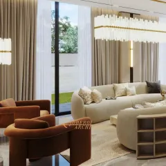 This angle shows the flow between the seating areas, with plush, curved sofas that encourage conversation and interaction, all unified by a neutral color palette.