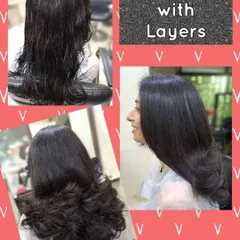 A classic layered haircut that transforms hair from simple to stunning. The side profile shows how the layers are cut to create a beautiful shape and a soft, curled-in finish.