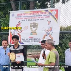 Presenting the Men's Runner-Up trophy to our player Suryansh at the DDA Delhi Open Tennis Tournament. Competing in the men's category for the first time, he showed incredible grit and skill.