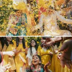 A vibrant Haldi celebration in full swing. We capture the joyous chaos as the couple is lovingly covered in turmeric and flower petals by their friends and family.