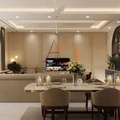 A view from the dining table highlights the open layout, where the paneled TV wall and elegant furniture create a sophisticated backdrop for both daily living and formal gatherings.