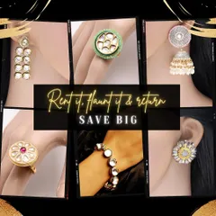 Don’t repeat it, rent it. This collage gives you a peek at some of my popular rental pieces, including statement rings, jhumkas, and bracelets. Save big by renting for every occasion.