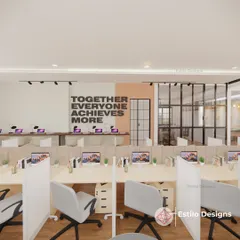 This is the main workstation area, designed for collaboration and focus. I used light colors, clean partitions, and a motivational wall graphic to create a bright and productive workspace for the team.
