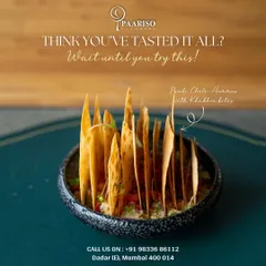 We love to innovate with our dishes. This Pindi Chole Hummus served with crispy Khakhra bites is a unique fusion of Indian and Middle Eastern flavors that is sure to surprise and delight.