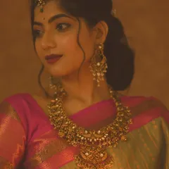 A festive portrait for Deepavali, with the focus on a gorgeous piece of temple jewelry. The warm light from the diya illuminates the intricate craftsmanship of the necklace.