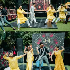 The Haldi ceremony is full of fun and games. I love capturing the competitive spirit of a tug-of-war and the energetic dance-offs between the two families.