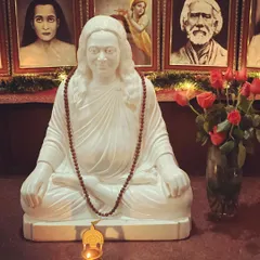 A close-up of the marble statue of Mahavatar Babaji on our altar, with fresh roses offered in devotion. His presence reminds us of the ancient and powerful lineage of Kriya Yoga.