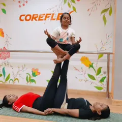 A playful and heartwarming moment in our family yoga class. This mother daughter duo masters the "flying baby" pose, a beautiful expression of trust and connection.