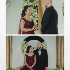 Two key moments from an engagement ceremony. This highlights the emotional ring exchange and a classic, happy portrait of the newly engaged couple.