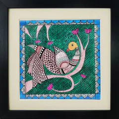 A lovely Madhubani piece showing a bird perched on a branch, filled with the dense patterns and natural themes typical of Mithila art.