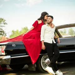 A classic love story with a vintage Chevrolet. The combination of the iconic car and the couple's romantic poses creates a timeless and cinematic pre-wedding photograph.