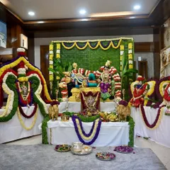 The entire pooja setup, a beautiful display of devotion and tradition. Our saree plays a special role in honoring the Goddess.