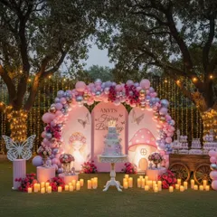 An enchanting outdoor fairy birthday setup featuring a custom illustrated backdrop and a lush balloon arch. The surrounding trees with hanging lights and candlelit floor create a magical, woodland fairy-tale ambiance.