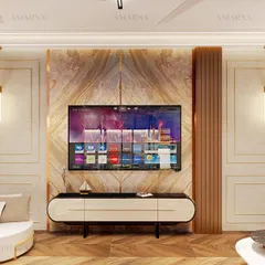 The entertainment wall in this lounge concept features a stunning bookmatched marble panel, flanked by wood and classic wall molding. This demonstrates our commitment to creating focal points where luxury is in the details.