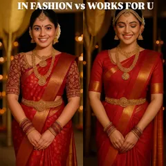 This image contrasts a blouse that is "in fashion" with one that "works for you." While the embroidered sleeve is popular, the simpler, well-fitted sleeve on the right is far more flattering for the bride's body type, proving that personal fit is more important than trends.