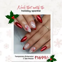 Matching your nails to the holiday sparkle. This Christmas design features metallic red polish and accent nails with hand-painted gift bows and snowflakes on temporary extensions.