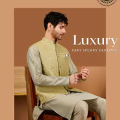 Luxury that speaks heritage. A model seated in a lime green textured Nehru jacket over a grey kurta, exuding relaxed sophistication.