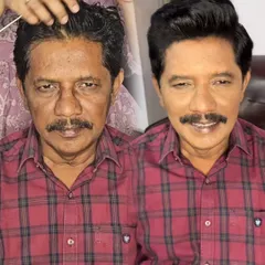 A powerful before and after comparison. On the left is the natural look, and on the right is the final result after subtle makeup and expert hairstyling to create a more youthful and polished appearance.