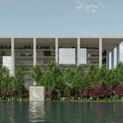 For the Telangana High Court, we aimed for a design that is monumental yet unassuming. This view across the water shows how the structure commands respect through its clean lines and scale, while the surrounding landscape and water body soften its presence, making it a dignified and approachable civic landmark.