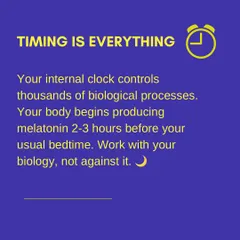 Sleep Science: Timing is Everything. Your internal clock controls thousands of biological processes. Your body begins producing the recovery hormone melatonin 2-3 hours before your usual bedtime. Work with your biology, not against it.