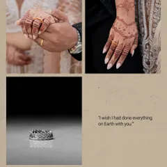 An engagement mood board showcasing the intricate details: the couple's hands intertwined, the bride's beautiful mehndi, and a stunning shot of the engagement ring.