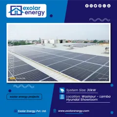 A wide shot of the 30 kW solar installation at the Lamba Hyundai Showroom in Wazirpur, showcasing the clean and organized panel layout on a large commercial roof.