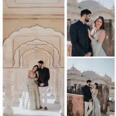 Navi and Diljot framed by the beautiful scalloped arches at Amer Fort. These architectural elements provide perfect natural frames for elegant and classic couple portraits.