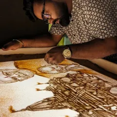 In the zone, working on a detailed sand art of the Ayodhya Ram Mandir. Sarkar tumhai se hai.