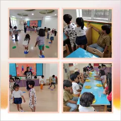 This photo collage captures moments of teamwork and social interaction from Day 5. You can see children holding hands in a circle, sharing a snack table, and playing group games.