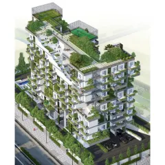 An isometric view of the Urban Nest project. This rendering showcases the volumetric hierarchy of the building, with multiple levels of green spaces and leisure areas designed to promote both individual and collective growth.