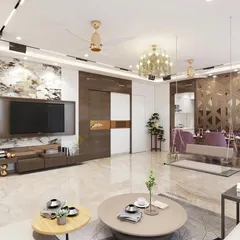 This render illustrates a spacious 3BHK living room in Borivali, featuring distinct zones for seating, dining, and relaxation with an indoor swing. The design uses a mix of wood, marble, and metal accents to create a sophisticated and cohesive look.