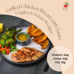 One of our bestsellers, the Grilled Chicken Breast platter comes with 54g of protein. It's served with sautéed veggies and potato wedges, making it a favorite for a post workout meal or a hearty dinner.