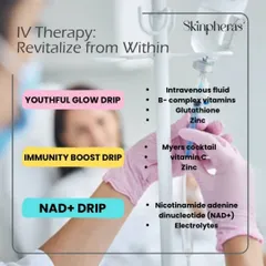 This infographic details some of my most popular IV drips. The Youthful Glow Drip contains glutathione and vitamins for radiant skin, while the Immunity Boost Drip strengthens your body's defenses.