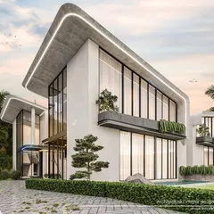 This render shows another concept for the Goa project, featuring angled, floor-to-ceiling glass walls and a floating roofline that emphasizes lightness and a connection to the outdoors.