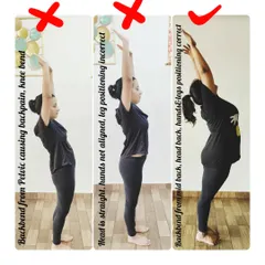 Understanding alignment in backbends is crucial. This visual guide breaks down the common mistakes, like bending from the pelvis, and shows the correct way to bend from the mid-back with proper hand and leg positioning.