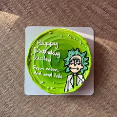 A Rick and Morty themed cake for a fan's birthday. The design features Rick's head popping out of a portal, all created with colored buttercream on a chocolate and caramel cake.