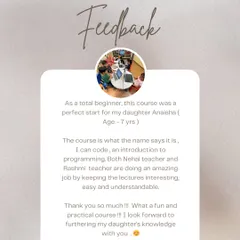 "A perfect start for my daughter." We are thrilled that our iCanCode course provided a fun and practical introduction to programming. Thank you, Niyati, for this wonderful and detailed feedback.
