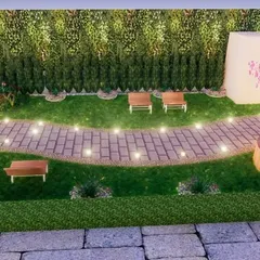 Another angle of the 3D garden plan, focusing on the seating area and the vertical garden wall in the background. This helps you visualize the final space.
